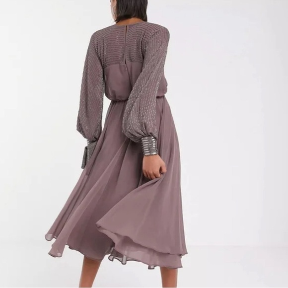 NWT ASOS Design Mauve Purple Long Sleeve Beaded Embellished Midi Dress - Picture 11 of 11